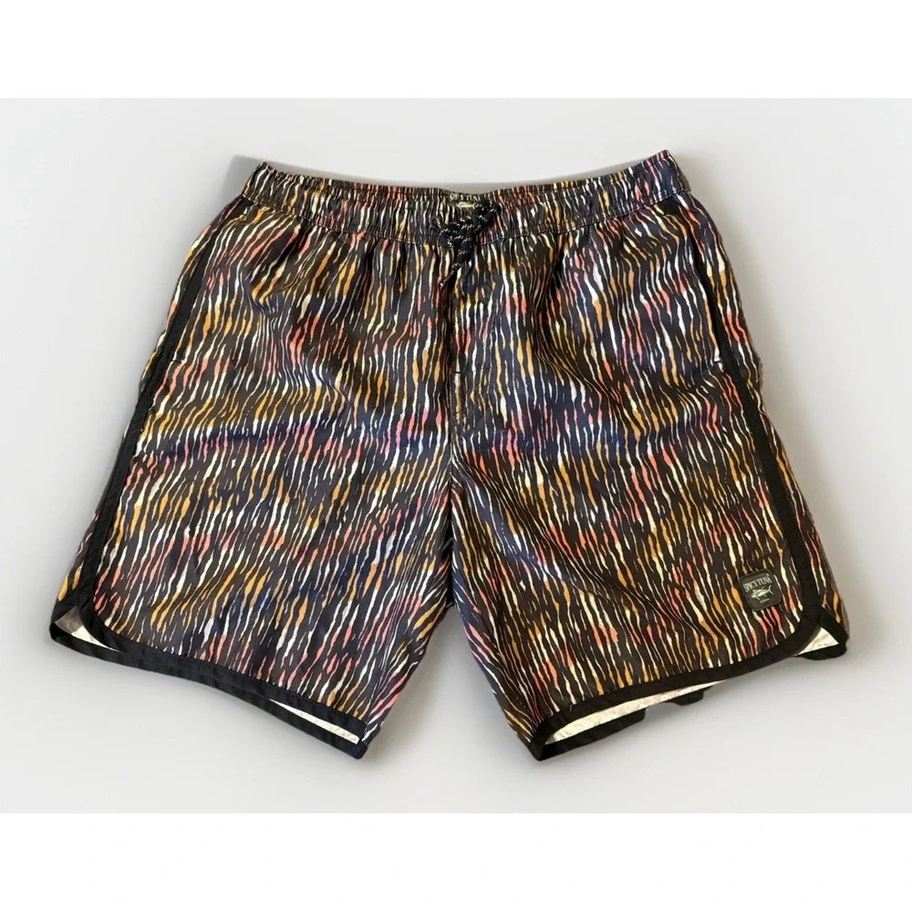 Men's Spicy Tuna Swim Trunks Boardshorts Large Black Striped Lined Pockets Beach